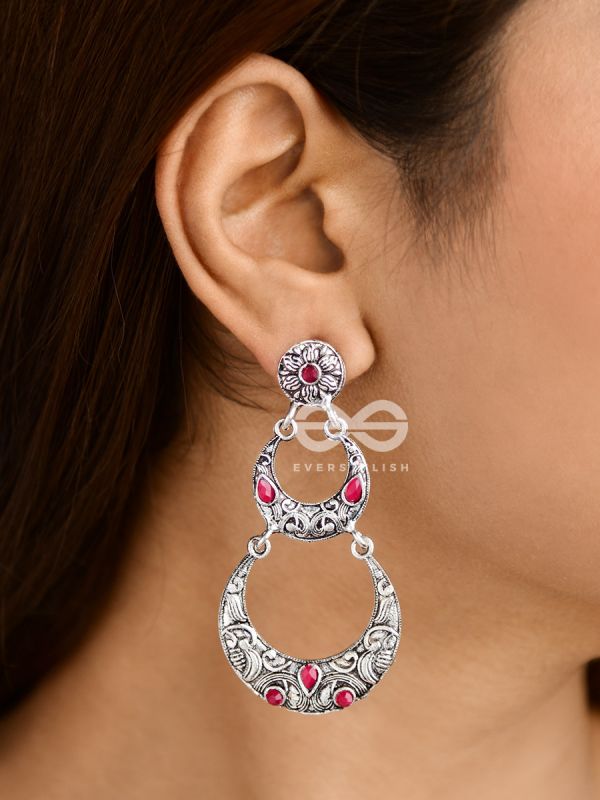 The Layered Boho Artwork Danglers (Ruby Red) - Embellished Oxidised Collection