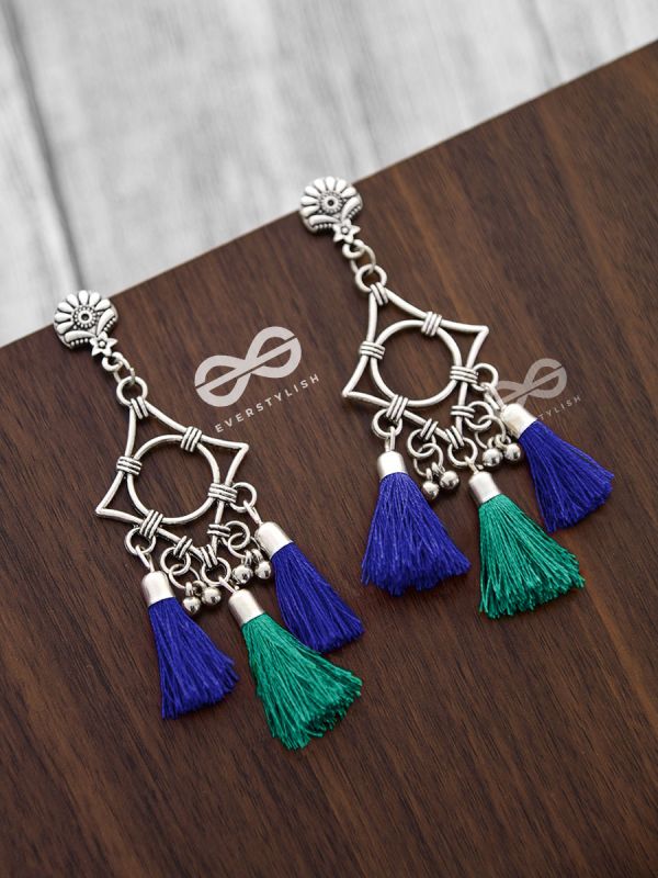 The Geometric Tasseled Elegance (Blue-Green) - Casual Danglers