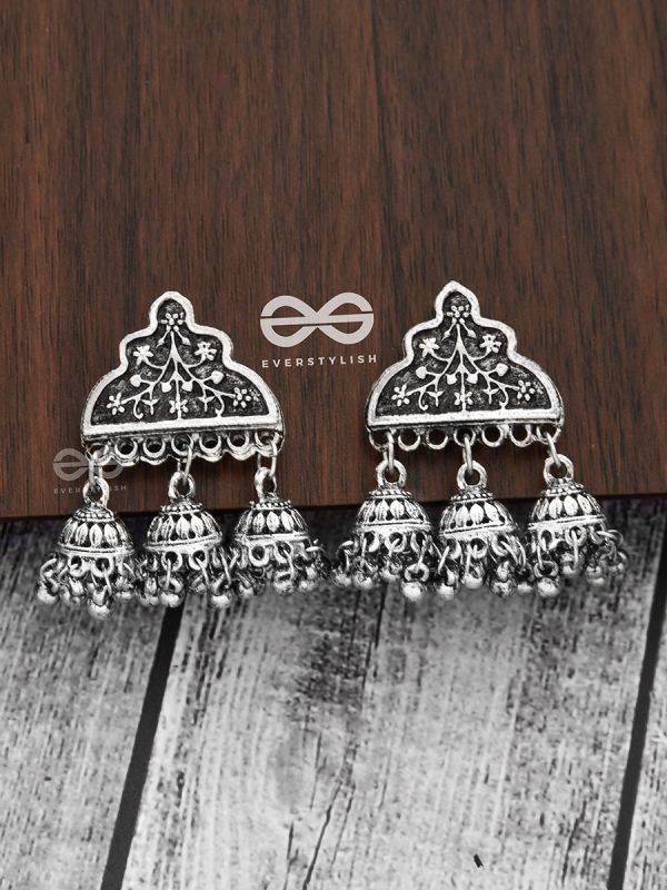 The Boho Delight - Triple Jhumki Studs - Oxidised Boho Earrings