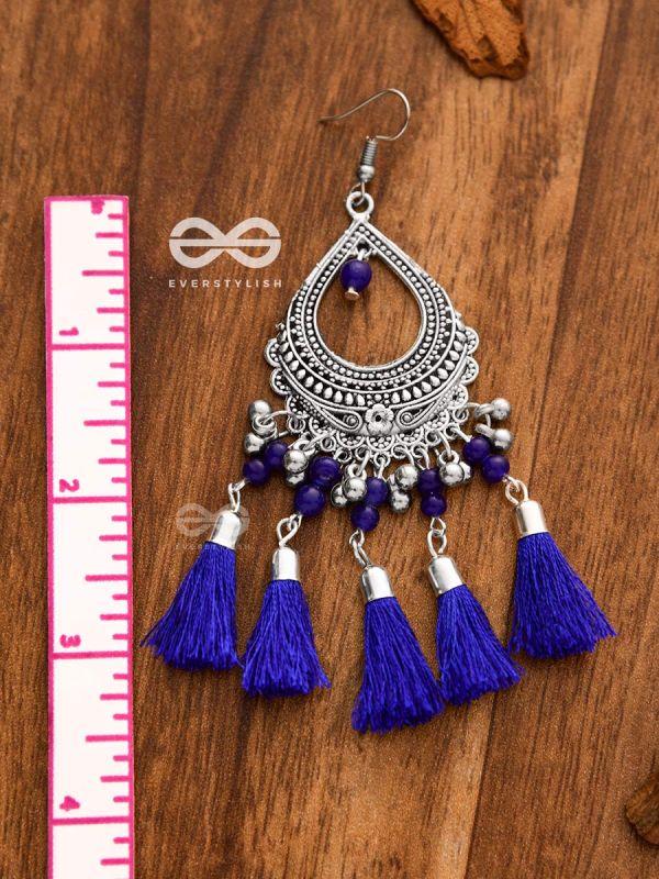 The Vintage Motif Tassels (Royal Blue) - Oxidised Boho Earrings