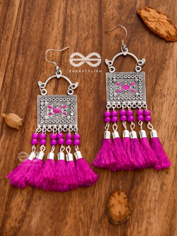 The Enamelled Tassel Squares (Fuchsia) - Oxidised Boho Earrings