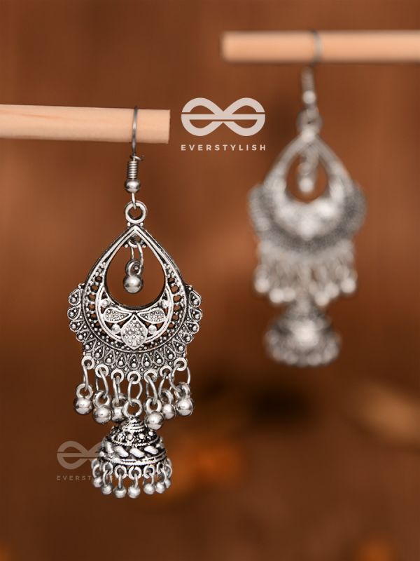 The Droplet Artwork Jhumkis - Oxidised Boho Earrings
