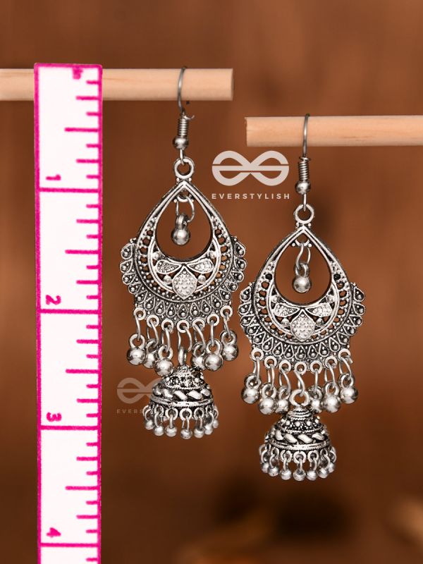 The Droplet Artwork Jhumkis - Oxidised Boho Earrings