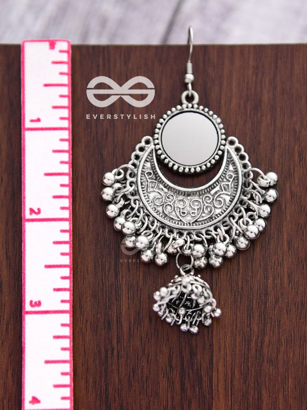 The Mirror Motif Jhumkis - Oxidised Boho Earrings