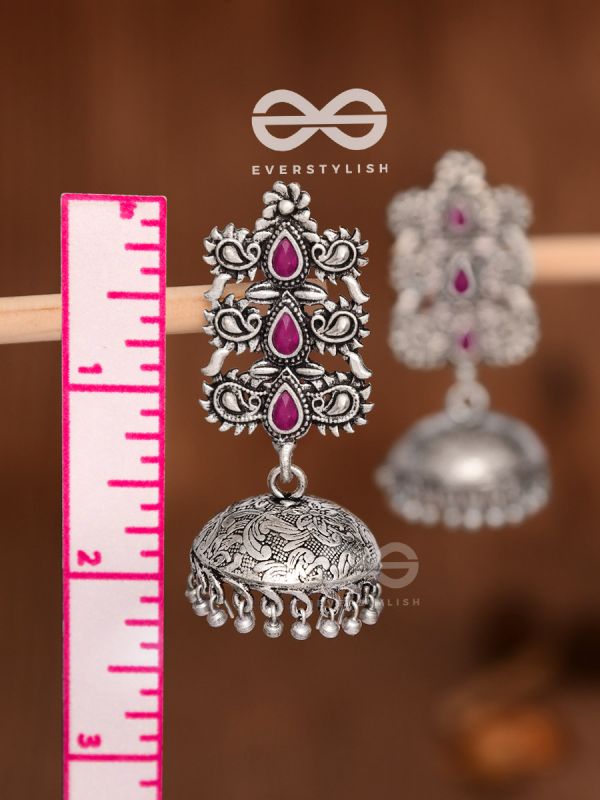 The Intricate Wonders (Ruby Red) - Embellished Oxidised Jhumkas