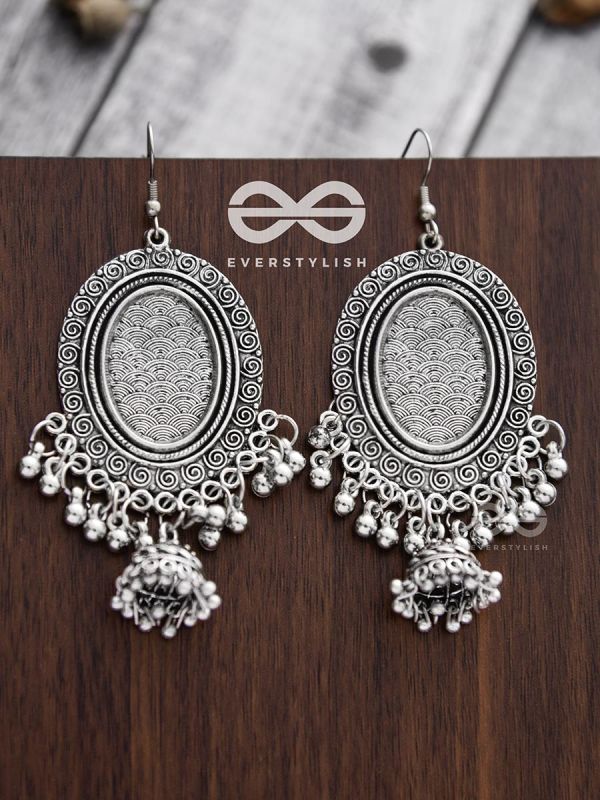 The Motif Mirror Frame Jhumkis - Oxidised Boho Earrings