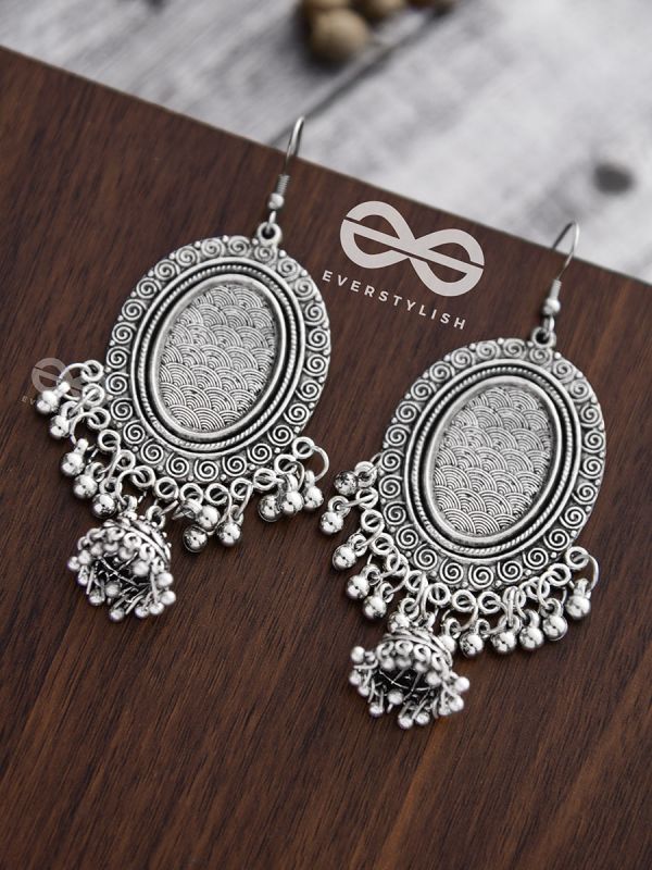 The Motif Mirror Frame Jhumkis - Oxidised Boho Earrings