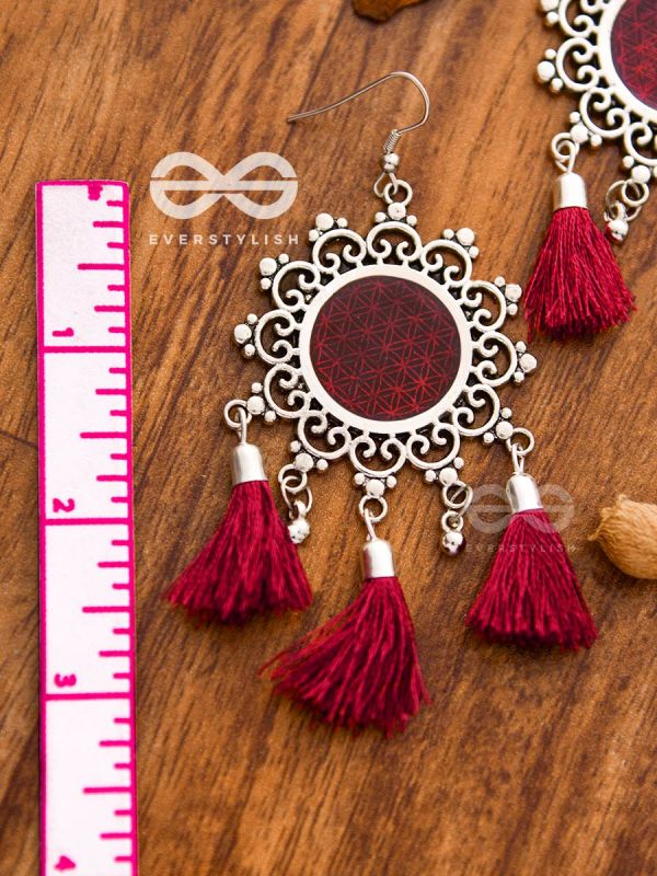 The Enamelled Tasselled Sun (Burgundy) - Oxidised Boho Earrings