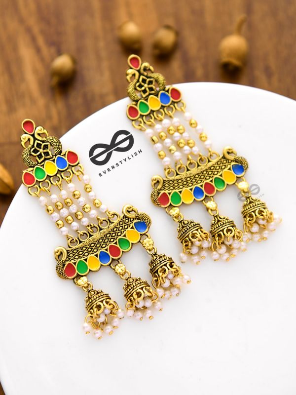 The Enamelled Peacock Artwork Earrings (Golden)