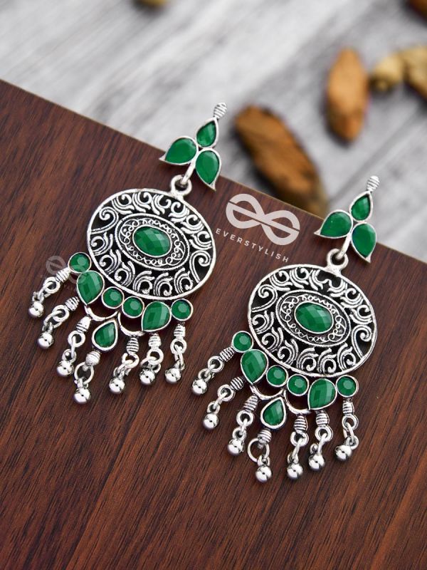 The Playful Elegance - Embellished Oxidised Earrings (Emerald Green)