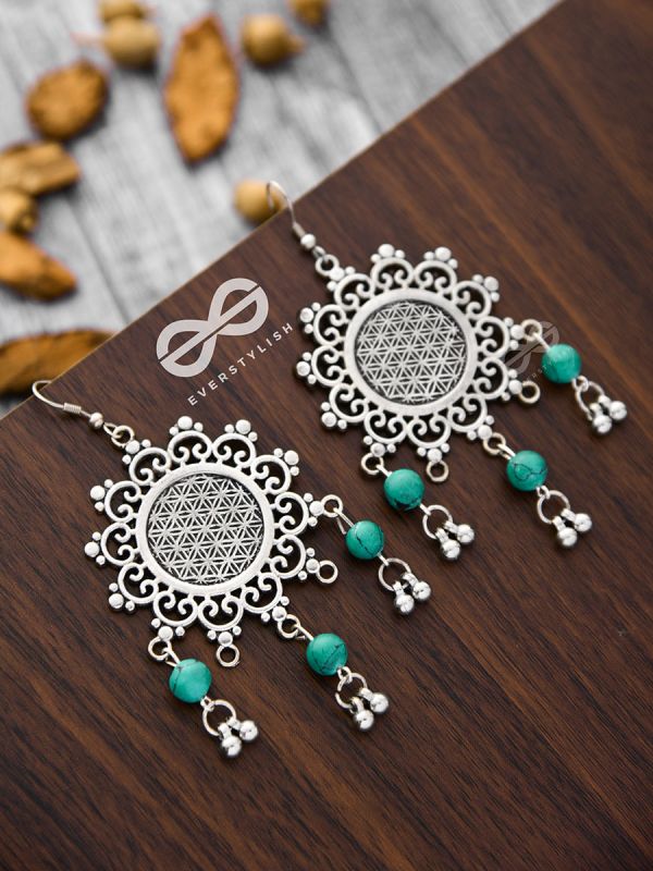 The Turquoise Meshed Sun - Oxidised Boho Earrings