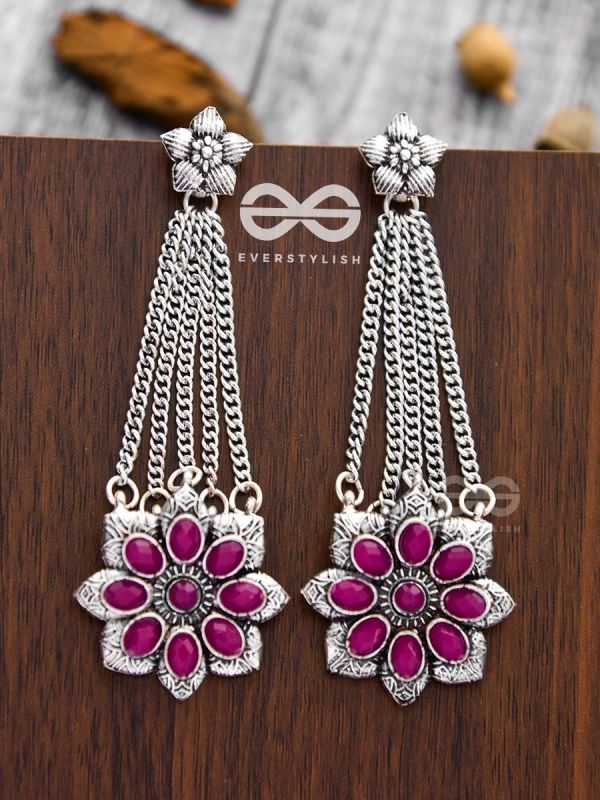 The Floral Finesse - Embellished Oxidised Earrings (Ruby Red)