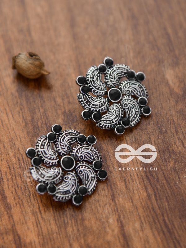 The Whimsical Whirlpools - Embellished Oxidised Studs (Onyx Black)