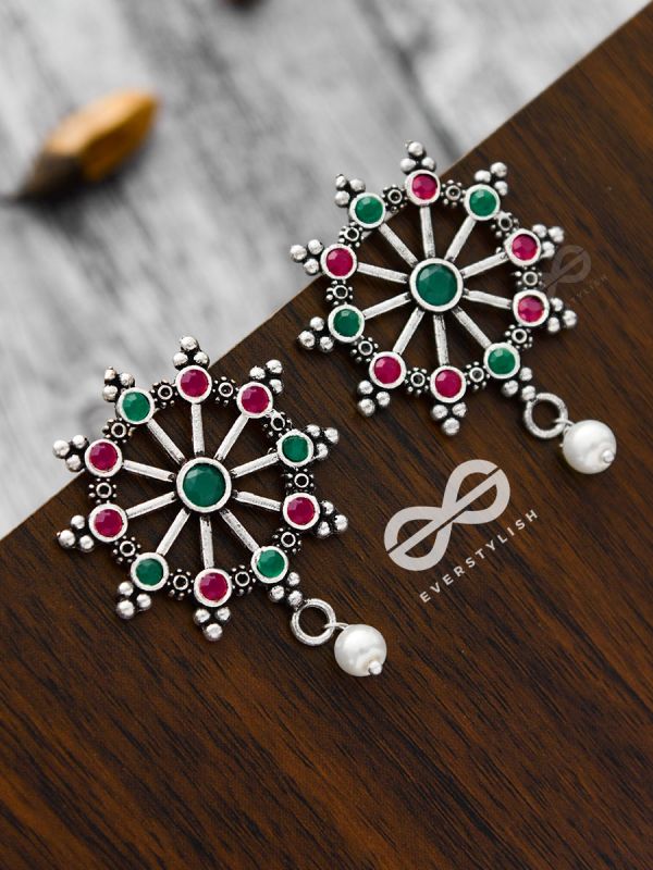 'Steering My Own Ship' - Embellished Oxidised Earrings (Ruby-Emerald)