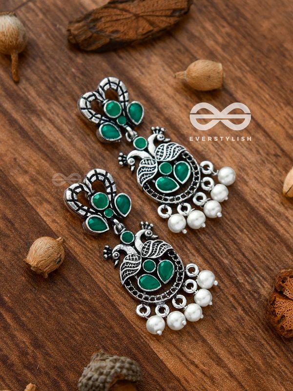 The Enigmatic Peacock Artwork Earrings (Emerald Green) - Embellished Oxidised Collection