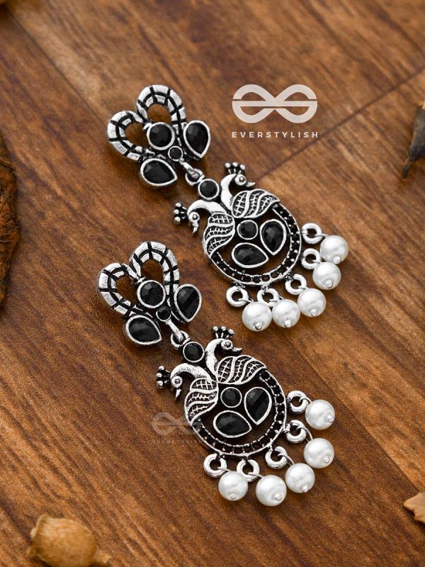 The Enigmatic Peacock Artwork Earrings (Onyx Black) - Embellished Oxidised Collection