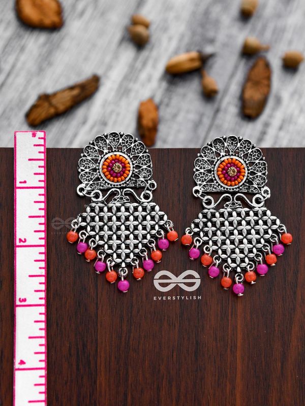 The Criss-Cross Embroidered Sun (Pink) - Embroidered Oxidised Earrings