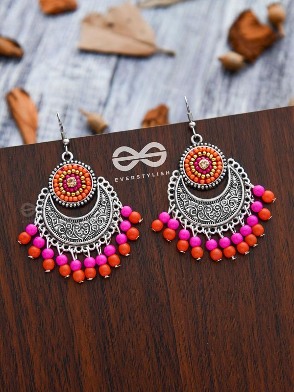 The Delightful Motif Moon (Orange-Pink) - Embroidered Oxidised Earrings