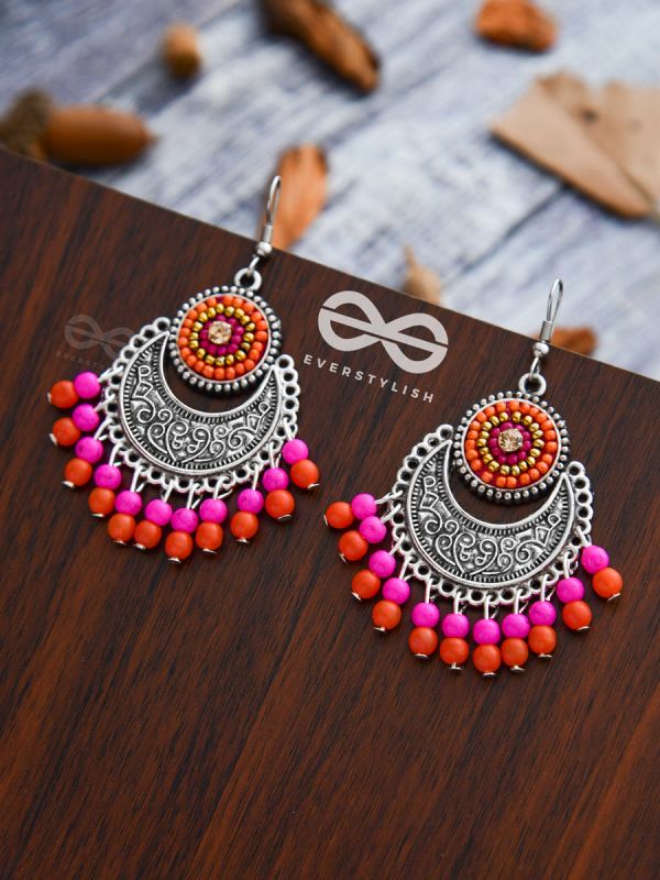 The Delightful Motif Moon (Orange-Pink) - Embroidered Oxidised Earrings