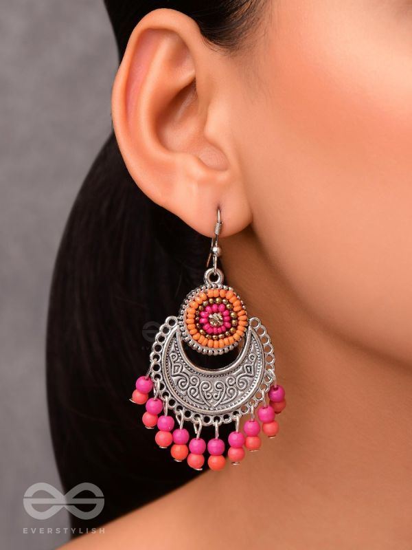 The Delightful Motif Moon (Orange-Pink) - Embroidered Oxidised Earrings