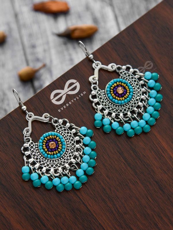 The Splendid Stunners (Teal-Blue) - Embroidered Oxidised Earrings