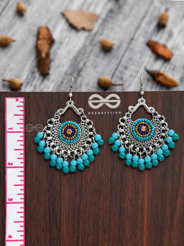 The Splendid Stunners (Teal-Blue) - Embroidered Oxidised Earrings