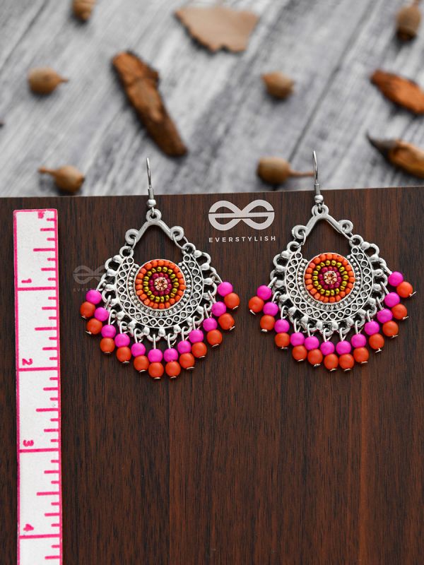 The Splendid Stunners (Orange-Pink) - Embroidered Oxidised Earrings