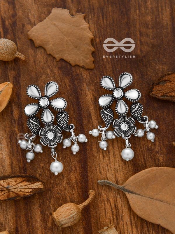 'A Floral Fantasy' - Embellished Oxidised Earrings (Droplet White)