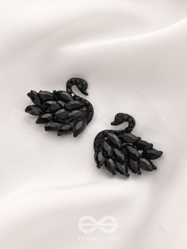 The Crystal Feathered Swans - Statement Embellished Studs - Black