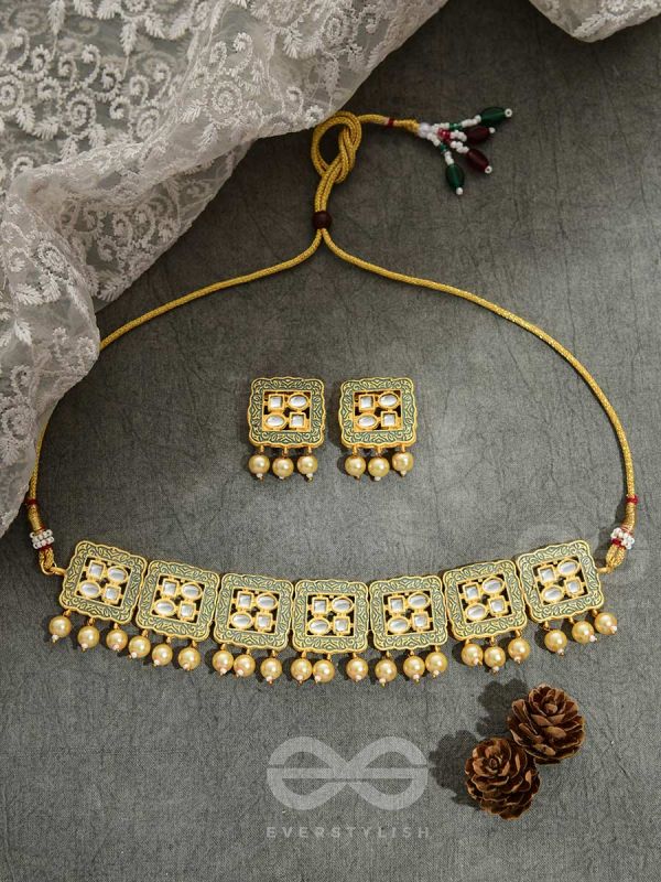 THE WINDOWS OF OPULENCE - SET OF STATEMENT CHOKER AND EARRINGS(Artichoke green)