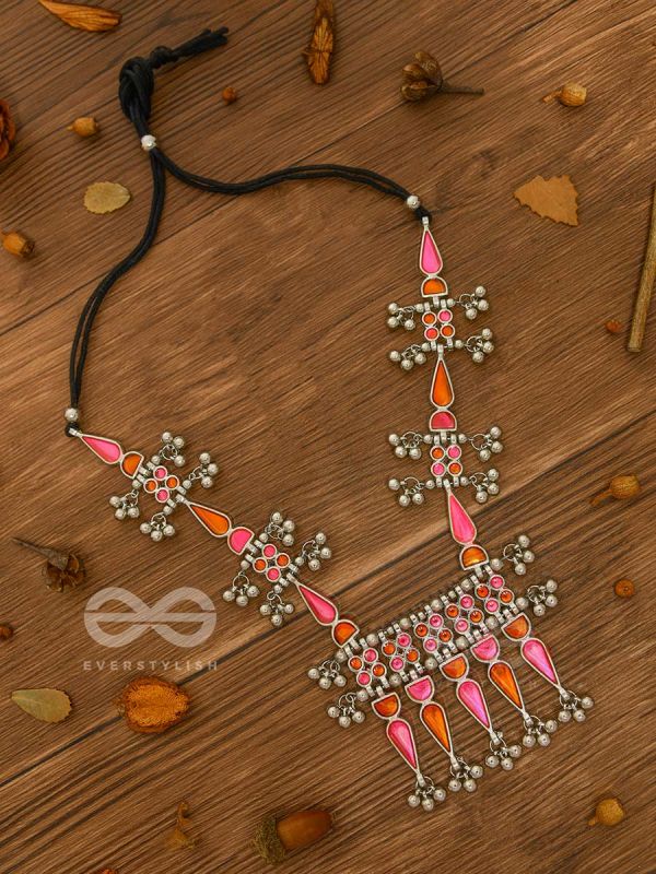The Bohemian Jaw Droppers - Statement Set of  Meenakari Neckpiece and Earrings (Orange-Pink)