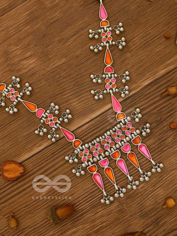 The Bohemian Jaw Droppers - Statement Set of  Meenakari Neckpiece and Earrings (Orange-Pink)