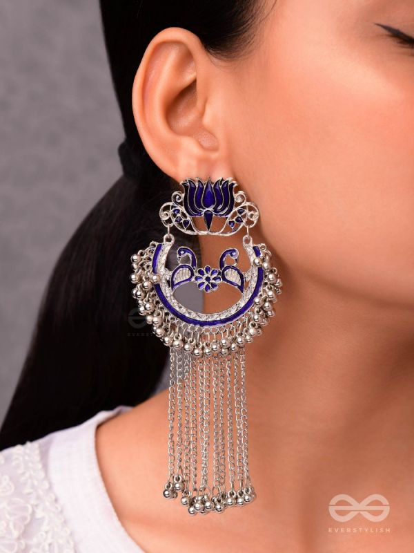 The Dangling Blooming Lotus - Statement Meenakari Earrings (Royal Blue)