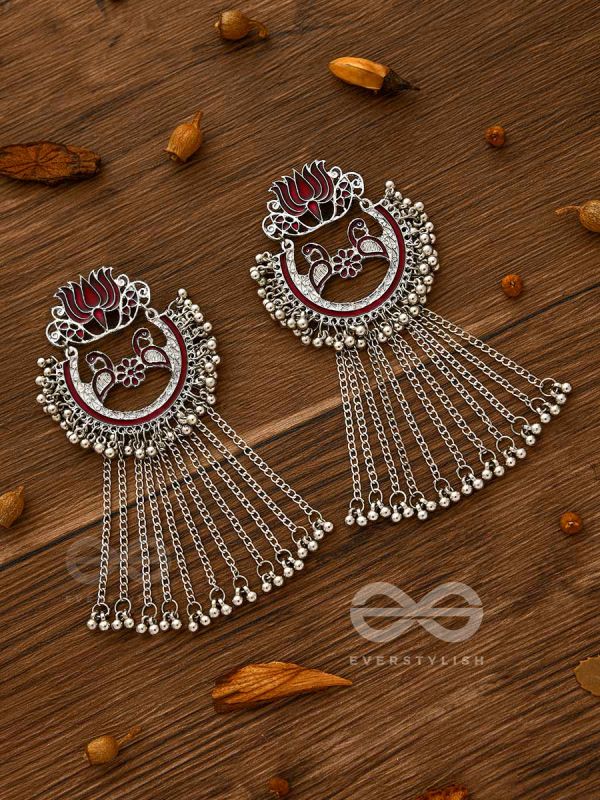 The Dangling Blooming Lotus - Statement Meenakari Earrings (Maroon)