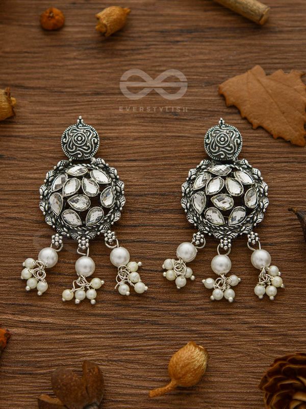 The Intricate Epitome - Embellished Oxidised Set of Choker and Earrings (White)