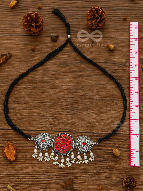 The Intricate Epitome - Embellished Oxidised Set of Choker and Earrings (Carmine Red)