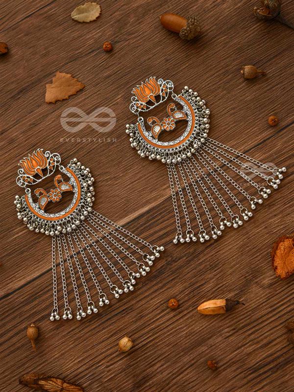  'THE DANGLING BLOOMING LOTUS - STATEMENT MEENAKARI EARRINGS (Pumpkin)'