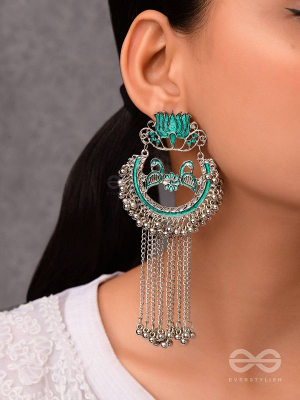 The Dangling Blooming Lotus - Statement Meenakari Earrings (Pine Green)