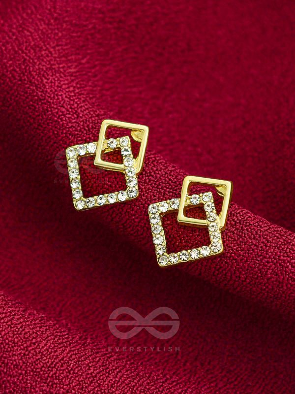 Snarled Squares- CZ Stones Studded Golden Earrings