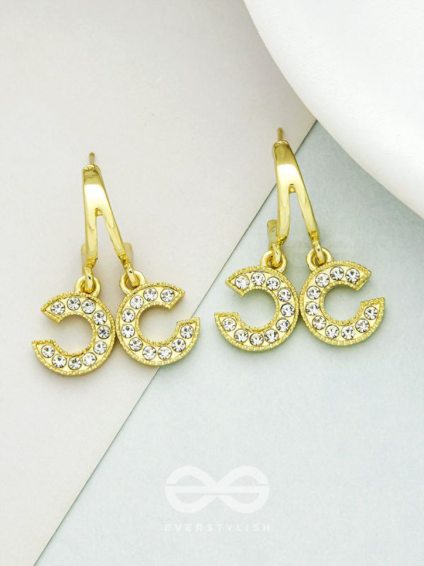 I 'C' You- Rhinestones Encrusted Golden Earrings