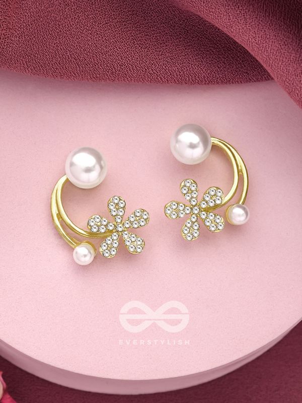 The Frosted Floret- Golden Rhinestones and Pearl Earrings