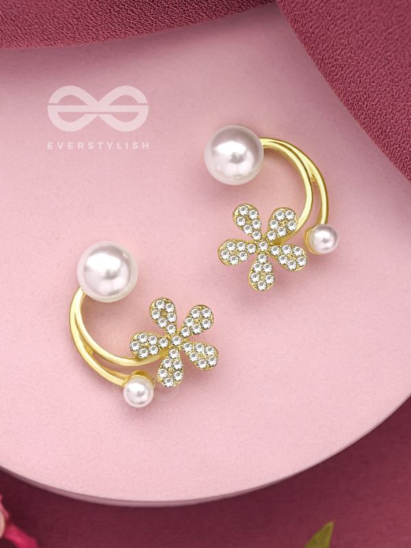 The Frosted Floret- Golden Rhinestones and Pearl Earrings