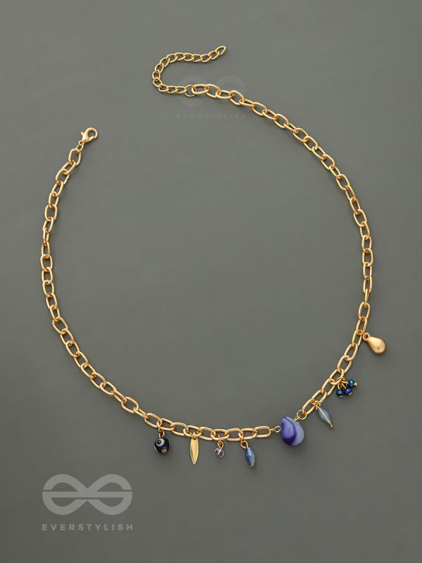 Fragments of the Sky- Blue Crystals Studded Golden Necklace