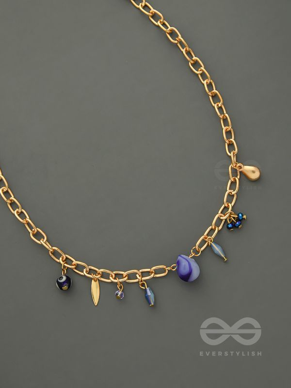 Fragments of the Sky- Blue Crystals Studded Golden Necklace