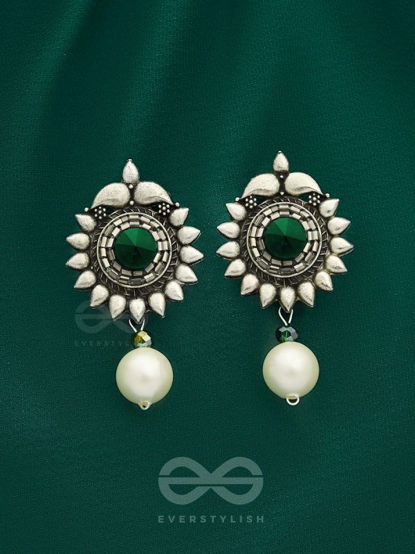 The Emerald Sun- Green Crystal Encrusted Silver Pearl Earrings