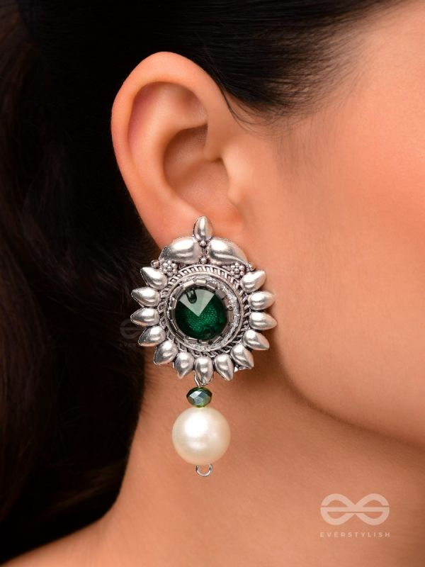 The Emerald Sun- Green Crystal Encrusted Silver Pearl Earrings