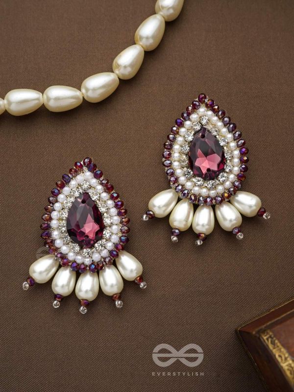 LAVANYA- THE GRACEFUL ONE- STONE, PEARLS, AND GLASS BEADS EMBROIDERED EARRINGS (ROSEWOOD RED)