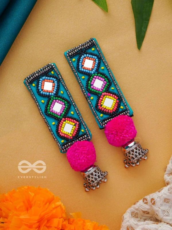VARNAD- THE COLORFUL- BEADS AND MIRRORS EMBROIDERED EARRINGS (Parakeet Green, Ebony & Fuchsia Pink)