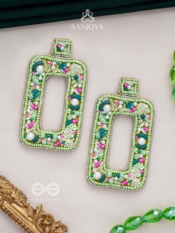 Aardratva - The Verdant - Sequins, Pearls And Beads Hand Embroidered Earrings (Lime Green)