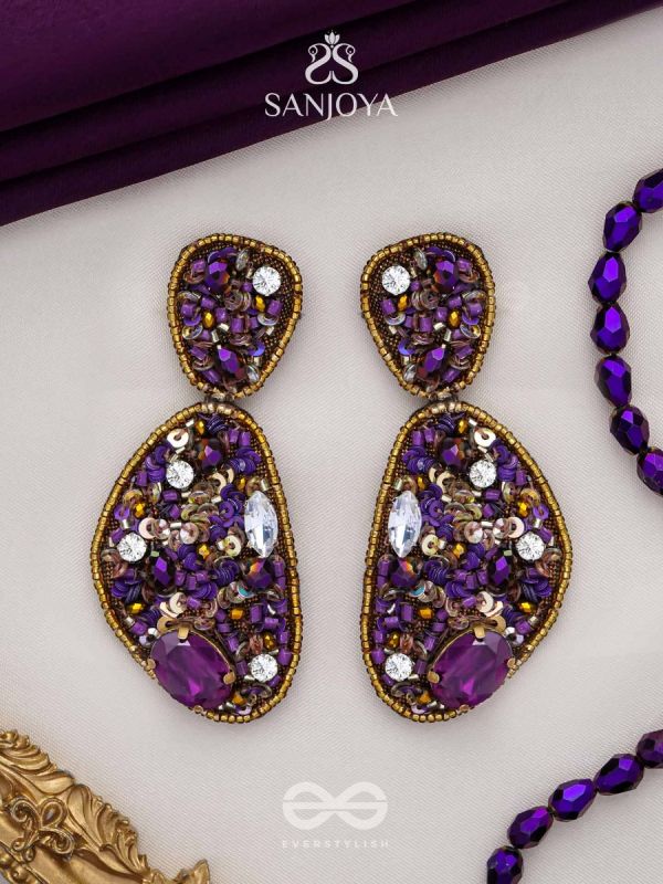  KARNIKAR- THE PURPLE FLOWER- STONE, SEQUINS AND BEADS EMBROIDERED EARRINGS (Violet & Fire Yellow)